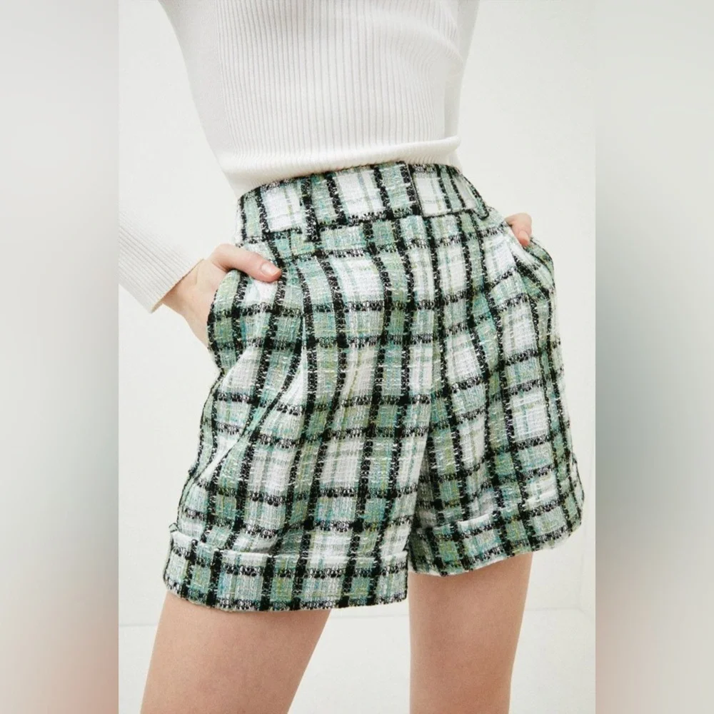 karen millen GEVSHORTS Check Tweed Shorts‎ GREEN US 4